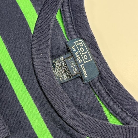 Polo Ralph Lauren Youth L 14-16 Navy Green Striped Long Sleeve Shirt Blue Pony - Picture 4 of 8